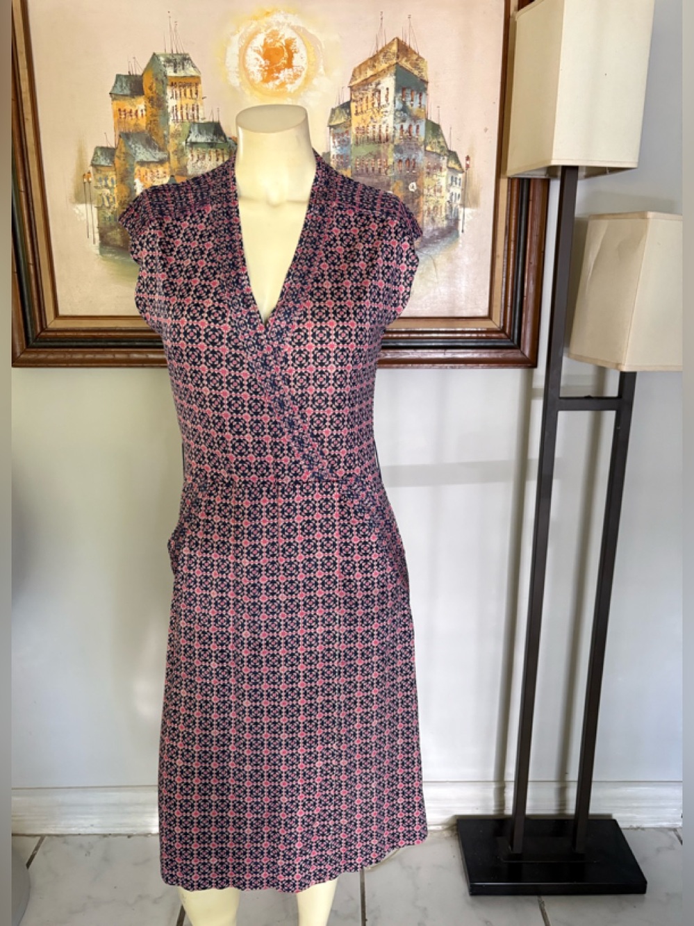 Tory Burch Pink and Navy Geometric V-Neck Midi Dress Size Small
